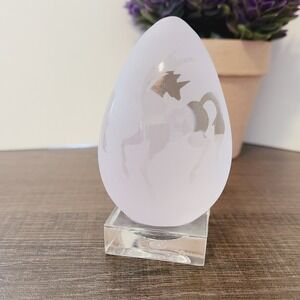 Frosted‎ Glass Unicorn Etched Egg Figurine with Clear Square Display Stand